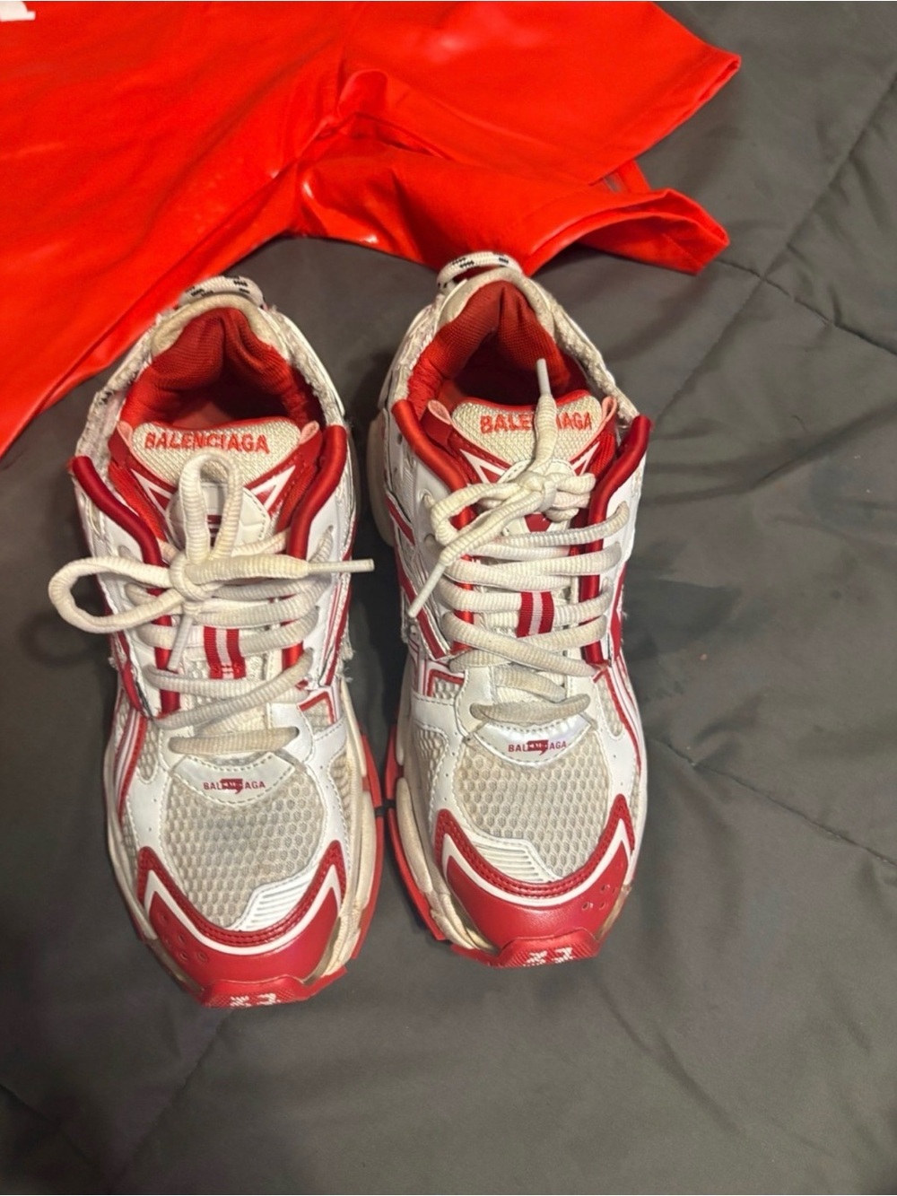 Balenciaga White and Red Chunky Runner Sneakers